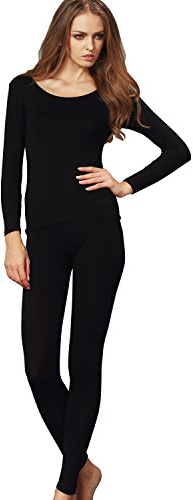 Liang ROU Damen Rundhalsausschnitt Oberteil und Hose, ultra dünn, Thermo-Unterwäsche Set Gr. Medium, 1 Set Black