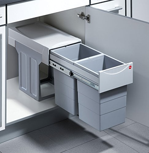 Hailo Abfallsammler Swing Tandem | 2x 15 Liter fassendes Abfallvolumen | Einbau-Mülleimer für Küchenschränke ab 30 cm Breite mit Drehtür | Vollauszug | Einfache Montage | Robustes Design in hellgrau