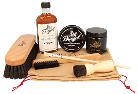 Schuhpflegeset für rahmengenähte Schuhe Schwarz mit Burgol- Bürsten- Ledersohlenöl-Pomade-Schuhwachs