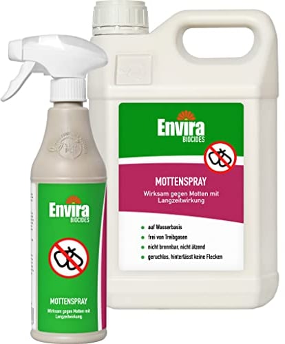 Envira Motten Abwehrspray 500 ml x 5 Liter - Spray mit Langzeitwirkung gegen Motten, Kleidermotten & Lebensmittelmotten - Mottenschutz für Kleiderschrank - Mittel gegen Motten in der Wohnung