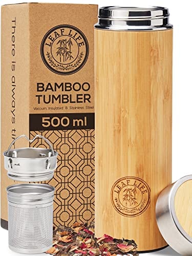 LeafLife Teeflasche mit Sieb to Go - 500ml Tea infuser aus Bambus - Teeflasche to go für Teeblätter & Kaffee - Hält für 12 Stunden Heiß & Kalt - Tee Geschenk - Mama Geschenk