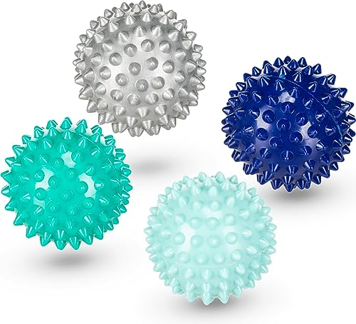 Gymtek Massageball Set 4er Igelball Hart, Noppenball Set Perfekt für Den Triggerpunkt-Therapie, zum Stressabbau oder zur Massage, Mini Faszienkugel - Ball Ø 6.5cm, mit Netzbeutel Kordelzug (Bläulich)