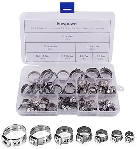 Eowpower 70 Pieces 7-21 mm Stainless Steel 304 Single Ear Hose Clamps Assortment Kit