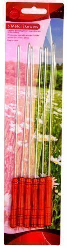 6 x Wooden Handled Metal BBQ Grill Barbecue Kebab Meat Vegtable Skewers Sticks