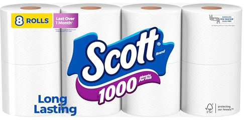 Scott 1000 Toilet Paper, 8 Rolls, Septic-Safe, 1-Ply Toilet Tissue