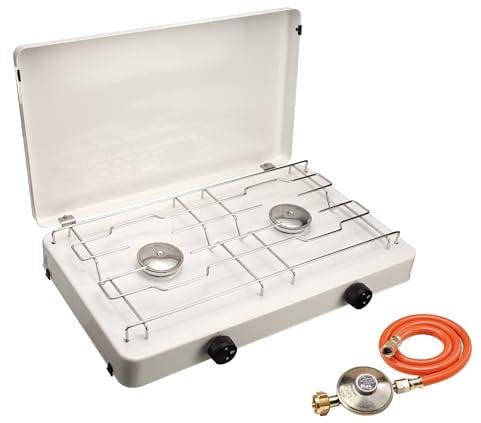 CFH Zweiflammkocher Capri ZK 421 – Camping Gaskocher 2-flammig mit 50 mbar Gasdruckregler & 80 cm Gasschlauch, 3,8 kW Leistung, 277 g/h Verbrauch, abnehmbarer Deckel & verchromter Rost, Made in Europe