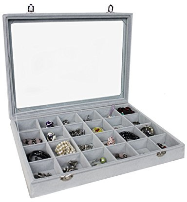 Markenlos Schmuckkasten Schmucklade Schaukasten Schmuckdisplay mit Glasdeckel grau (24 Fächer)
