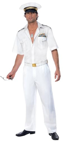 Smiffys Top Gun Captain Costume, White with Shirt, Trousers & Hat, Officially Licensed Top Gun Fancy Dress, Adult Dress Up Costumes