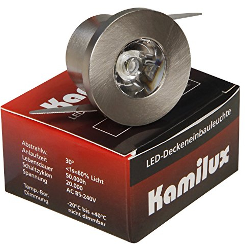 Kamilux 230V Mini LED Einbauleuchte/Lichtpunkt IP44 3W - RUND inkl. Trafo Edelstahl geb. Optik 230V-Anschluß inkl. LED Trafo Lichtfarbe kalt-weiß für Dachüberstand/Vordach/Carport