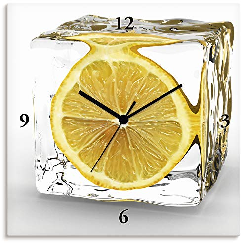 ARTLAND Wanduhr ohne Tickgeräusche Alu Quarzuhr 30x30 cm Quadratisch Lautlos Obst Früchte Zitrone im Eiswürfel Frucht Kreativ T5XT