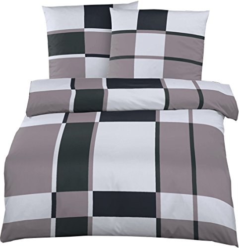 Elegante Mako-Satin Hotelbettwäsche 240 x 220 cm Grau-Schwarz kariert aus 100% Baumwolle für besten Schlafkomfort – Bettwäsche Set mit Kopfkissen-Bezug und Mako Satin Hotel-Bettwäsche