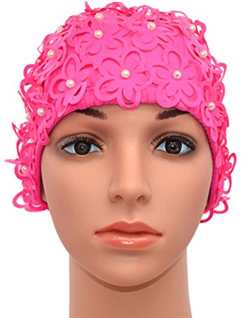 Medifier Bonnet de bain pour femme décoré de fleurs et perles cousues à la main, rose rouge