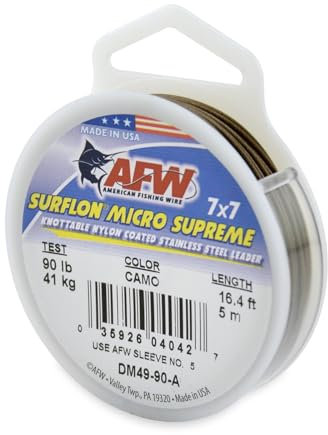 Filo da pesca americano Surflon Micro Supremo Nylon rivestito 7x7 filo Leader in acciaio inox, colore marrone mimetico, 40,8 kg, 5 metri