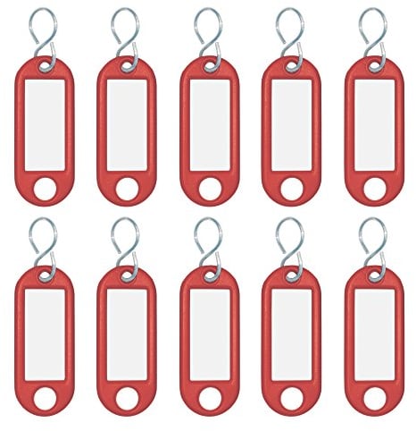 Wedo 262103402 Porte-clés plastique (avec crochets en S, interchangeables Étiquettes) Lot de 10, Rouge