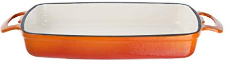 Vogue Rectangular Dish Orange - 40x370x217mm 1 3/4Ltr 61fl oz | Retains heat effectively to keep oven-to-table service hot; includes 61fl oz alternative metric volume capacity.