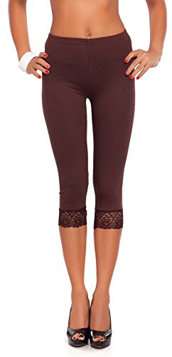 FUTURO FASHION Cropped 3/4 Lenght Cotton Leggings with Lace I Leg Side Floral Lace Capri Leggings I Sexy Summer Cropped Leggings I Sizes 8-22 UK Brown