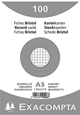 Exacompta - Réf. 10208E - Paquet de 100 fiches bristol quadrillées 5x5 non perforées - sous film - compatibles avec imprimante jet d'encre, laser et photocopieur - format 148 x 210 mm - couleur blanc