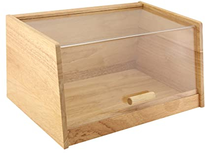 apollo THE HOUSEWARES BRAND Clear Front Bread Bin, Drop Front Lid, Storage ,Flat Shelve Top, Hevea Wood, Size 35x24x18cm, Clear