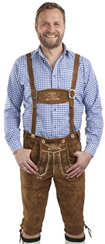 Herren Hopfen und Malz Trachtenlederhosen Lederhosen - Kniebundhose mit Hosenträgern Lederhose - Original Trachten Lederhosen Kniebund (64, Hellbraun)