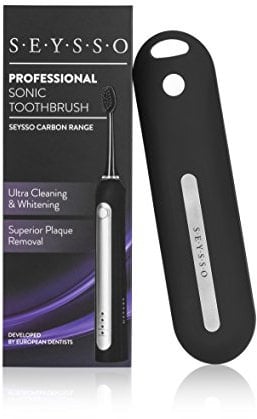 SEYSSO Professional Sonic Toothbrush • Rechargeable Toothbrush • Black • 96,000 Sonic Vibrations Per Minute • Travel Case with USB Charger • 2 Replacement Heads • 2 Year Warranty