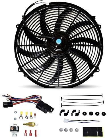 A-Team performances 140041 40,6 cm Heavy Duty 12 V Radiateur électrique Large courbe S Lame ventilateur & Thermostat kit, 3000 CFM réversible pousser ou tirer avec kit de montage