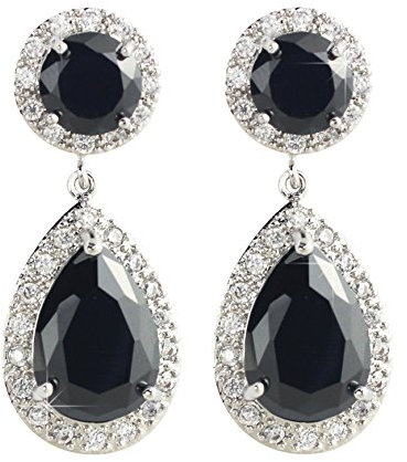 HAISWET Vintage Style Zircon Stone Tear Drop Black Dangle Earrings Silver Tone