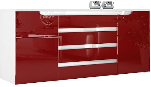 Vladon Sideboard Kommode Sylt V2, Made in Germany, Korpus in Weiß matt/Front in Bordeaux Hochglanz mit Absetzungen in Weiß Hochglanz (166 x 72 x 35)