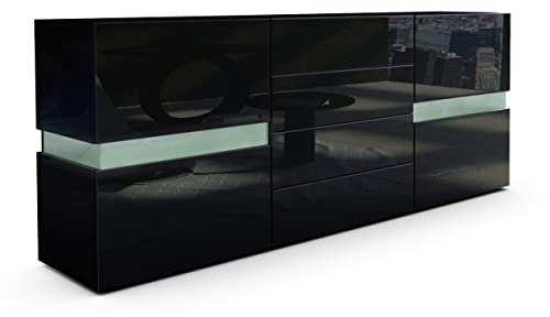 Vladon Sideboard Flow, Made in Germany, Schwarz matt/Schwarz Hochglanz - Moderne Kommode mit Ambient Light Verglasung für Ihr Wohnbereich (177 x 75 x 39 cm)