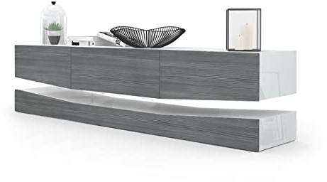 Vladon Lowboard City, Made in Germany, TV-Kommode mit Sockelelement, 1 offenem Fach und 3 Schubkästen, Weiß Hochglanz/Avola-Anthrazit (178 x variabel x 39 cm)