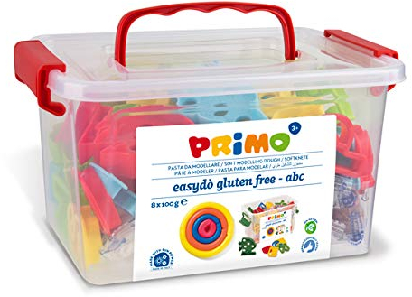 PRIMO Knet-Set Alphabet für Kinder| 8 Stangen Knete inkl. 32 Zubehörteile: Ausstechformen plus Becher | Set zum Kneten im Koffer