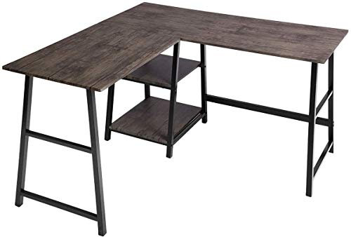 MEUBLES COSY Schreibtisch in L-Form, Holztisch, für Laptop, Weitwinkel, Arbeitsstation, Tisch, Gaming, Braun & Füße, schwarz