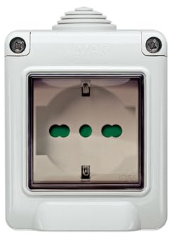 VIMAR 0T14902.U Plana Gehäuse IP55 + SICURY Universalsteckdose für Eurostecker 2P 2,5A, Stecker 2P und 2P+T 10A und 16A Standard IT, Stecker 2P+T 16A Standard DE