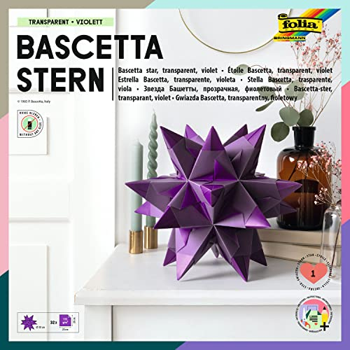 folia 860/2020 - Bastelset Bascetta Stern, Transparent violett, 20 x 20 cm, 32 Blatt, fertige Größe des Papiersterns ca. 30 cm, mit ausführlicher Anleitung - ideal zur zeitlosen Dekoration