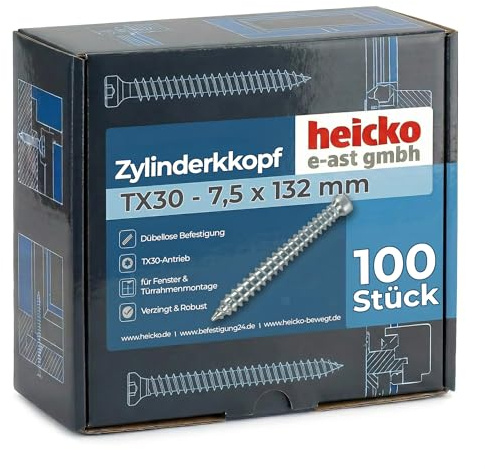heicko Fensterrahmenschraube 7,5x132 mm Zylinderkopf TX30 | 100 Stück | Betonschrauben Montageschraube ohne Dübel | verzinkt blau