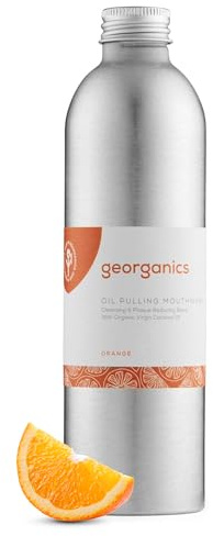 Georganics Whitening Oil Pulling Mouthwash - Orange Flavoured - Plaque-Reducing Coconut Oil Blend - 100% Natural Ingredients - SLS, Glycerine & Fluoride Free - Organic, Vegan, Cruelty-Free - 275ml | Plaque-Reducing Coconut Oil Blend - SLS, Glycerine & Fluoride Free - Organic, Vegan, Cruelty-Free