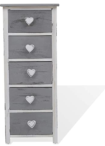 Rebecca Mobili Mehrzweckschrank für Schlafzimmer mit 5 Schubladen, Badezimmerschrank Shabby, Paulownienholz, Weiß Grau – Maße: 84 x 35 x 27 cm (HxLxB) - Art. RE4307