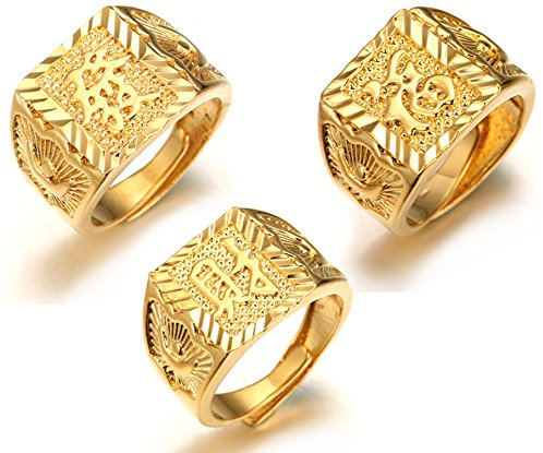 Halukakah ● Gold Segne Alle ● Männlich 18K Gold überzogen Kanji Ring Reich+Glück+Reichtum Set Größe verstellbar mit KOSTENLOSER Geschenkpackung