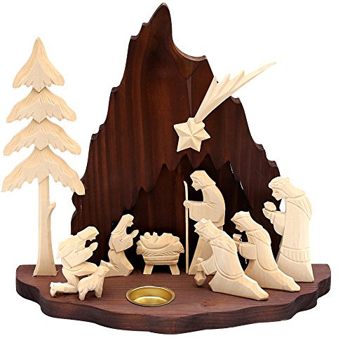 Dekohelden24 Wunderschöne handgeschnitzte Holz Krippe, heilige Familie, mit Teelichthalter, ca. 32 cm