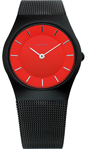 BERING Damen Quarz Uhr | Armbanduhr 30 mm schwarzes Edelstahlgehäuse und rotes Zifferblatt | Milanaisearmband | Saphierglas | 5 ATM | 11930-229