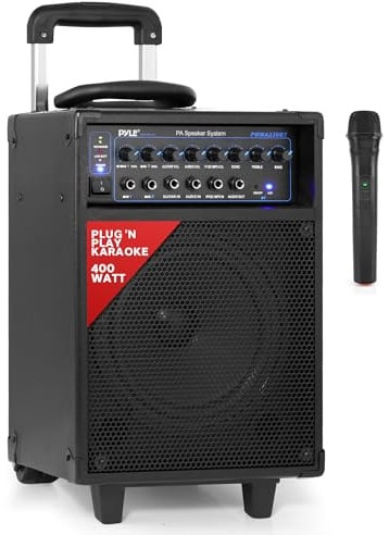Pyle Portable PA System Speaker with Microphone 400W 8 Inch Black – Karaoke Bluetooth Party Speaker with Wireless Mic, Rechargeable Battery for Events DJ Use