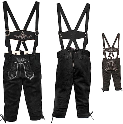 German Wear Jungen Kniebundhosen Leder Trachtenhose mit Hosenträgern, Farbe:Schwarz, Größe:146
