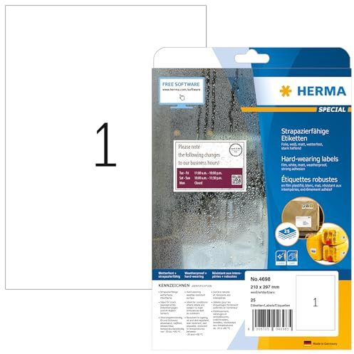 HERMA 4698 Wetterfeste Folienetiketten, 800 Blatt, 210 x 297 mm, 1 pro A4 Bogen, 800 Stück, selbstklebend, bedruckbar, matt, blanko Klebeetiketten Aufkleber aus Folie, weiß