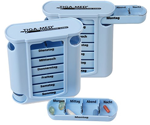 Tablettenbox Medikamentendosierer 2er Set (=2Stück) Blau Medi Pillenbox 7 Tage Pillendose Wochendispenser Original Tiga-Med Qualität