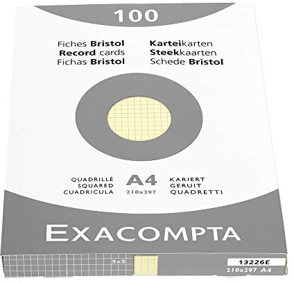 Exacompta 13226E Packung (mit 100 Karteikarten, ungelocht DIN A4, 210 x 297 mm, 205 g, kariert, ideal für die Schule) 1er Pack gelb