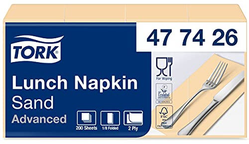 Tork 477426 Lunchservietten Sand 1/8 Falz / 2-lagige, vorgefaltete Papierservietten für Snacks oder kleine Gerichte / Advanced Qualität / 10 x 200 (2000) Servietten / 32,6 x 33 cm (B x L)