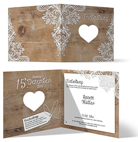 Kartenmachen.de 10 x Lasergeschnittene Geburtstag Einladungskarten Geburtstagseinladung - Rustikal mit weißer Spitze
