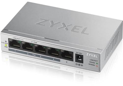 Zyxel Switch POE+ non gestito a 5 porte Gigabit Ethernet | 4 x PoE+ @ 60W | Plug & Play | Robusto alloggiamento in metallo | Montaggio a parete o desktop | Fanless | Garanzia a vita | Splitter