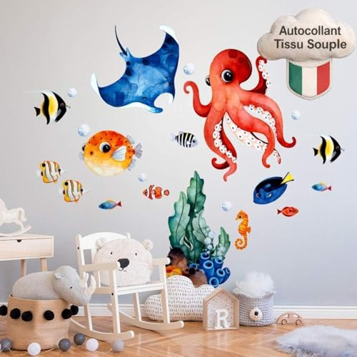 kina - Wandaufkleber Kinder Schlafzimmer Wanddekoration R00538 - Öko-Stoff, Umweltfreundlich, Repositionierbar, Streicheleffekt, Kindergarten - Grafik Meer und Messen 120x30 cm