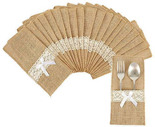 willkey 20 pcs Sac à Couverts Toile de Jute et Dentelle Porte Couvert avec Noeud Rustique Pochette de Couvert Fournitures Vintage Décoration de Table pour Mariage Fête Soirée Repas