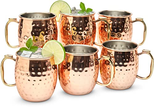 Kitchen Science Lot de 6 tasses Moscow Mule | Qualité alimentaire | Tasses en acier inoxydable de haute qualité avec placage en cuivre pur | Poignées en laiton avec repose-pouce | 538,6 g | Grande